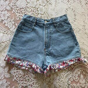 90's dainty girly grunge denim high waist shorts w floral ruffle trim